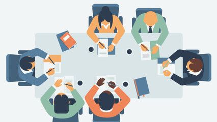 People gathered around a table in a meeting discussing business strategies with laptops and documents