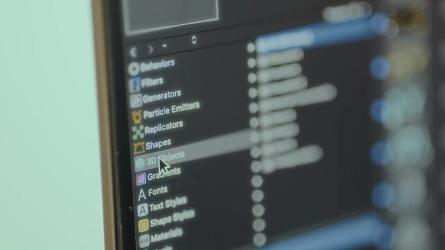 Interface menu with a list of effects and objects that can be added to a project in a creative software