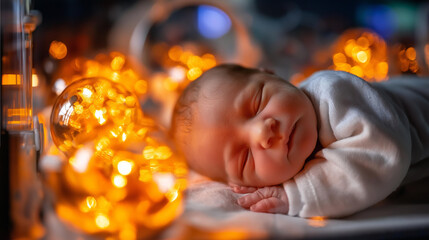 Newborn baby peacefully sleeping bili, lights specialized orange, incubator jaundice treatment, transparent background medical, equipment display neonatal, care moment, with copy space