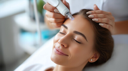 Fototapeta premium Woman receiving hair restoration procedure, professional applying specialized, device scalp hair, growth aesthetic cosmetology, hair loss display, defocused clinical background, with copy