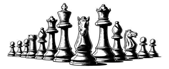 Detailed Black and White Chess Pieces Illustration Lined Up in a Classic Vintage Engrave Style for Strategy Game