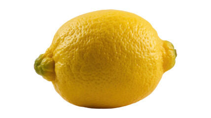 A bright yellow fresh whole lemon with characteristic textured skin and subtle green nodes at each end is perfectly isolated on a dark black backgroun