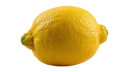 A bright yellow fresh whole lemon with characteristic textured skin and subtle green nodes at each end is perfectly isolated on a dark black backgroun