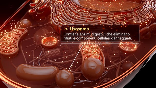 3D illustration of a lysosome digesting cellular waste in italian