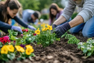 Diverse Gloved Hands Planting Yellow Pansies in Rich Garden Soil Closeup