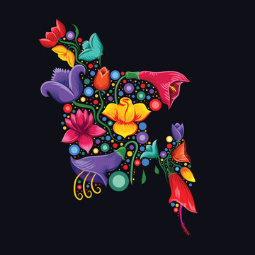 Artistic Bangladesh map with colorful Rickshaw painting floral motifs and polka dots. Perfect for Pahela Baishakh, Bengali New Year, and cultural heritage themes. Bangladesh Map Vector art.