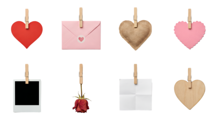 Romantic item set including hearts, pink envelope, photo frame, dried rose, and note hanging on wooden clothespins isolated. Valentine's Day collection.