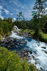 Landscape mountain river and lush forest with cascading waterfall
