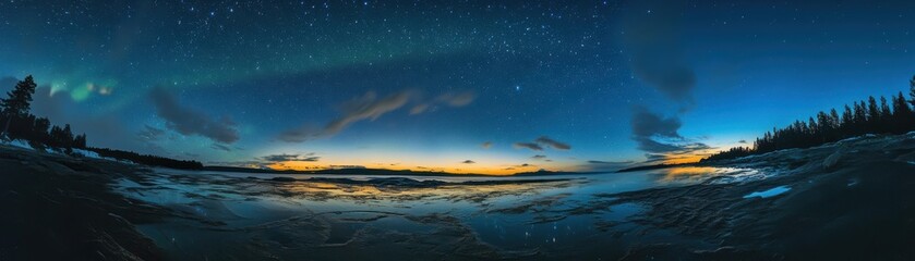 Panoramic Northern Lights Aurora Borealis Reflection in Calm Arctic Lake with Starry Twilight Sky