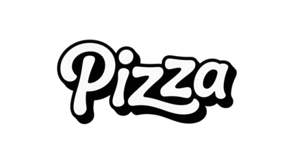 A clean and modern graphic featuring the word Pizza in a smooth flowing white script font on a solid black background creating a bold contrast and inv