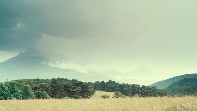 Summer Meadow And Clouds Over Mountain L'obiou, Alps France. Time Lapse
