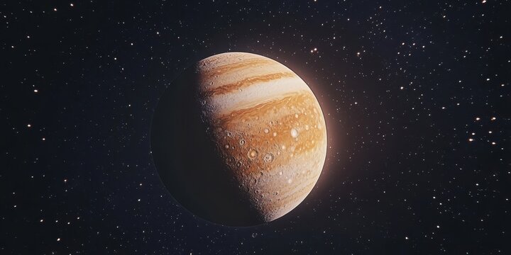 Realistic Jupiter Gas Giant with Great Red Spot Atmospheric Bands in Starry Deep Space