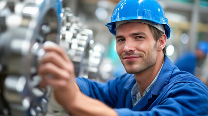 Maintenance worker cleaning factory equipment, specialized tools cleanliness, upkeep display industrial, sanitation moment facility, maintenance activity defocused, production environment,