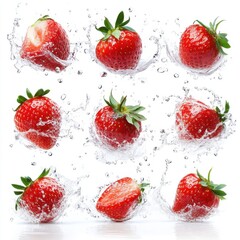 Set of Fresh Red Strawberries with Dynamic Water Splashes Isolated White Background