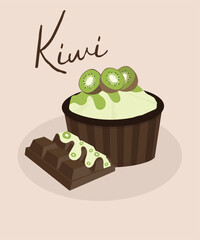 Illustration Muffin Chocolate with Kiwi Decoration and Chocolate 