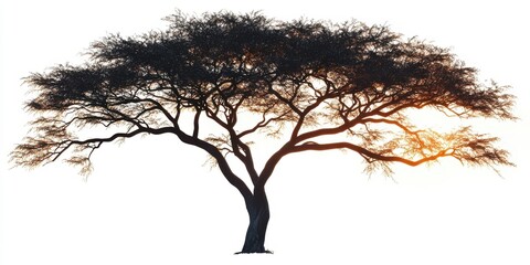 Silhouette of African Acacia Tree at Sunset with Orange Branch Glow on White Background