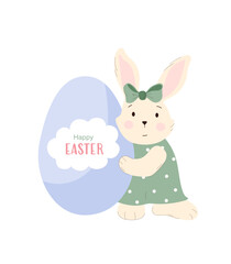 Fototapeta premium Cute female rabbit in a green polka dot dress with a bow holding a big decorated egg. Kids illustration of spring season character for holiday greeting cards and Easter decoration