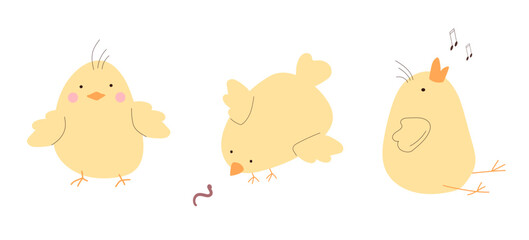 Fototapeta premium Collection of cute yellow Easter chicks isolated on white. Singing chick, a chick looking at a worm, and funny front view chick. Spring design elements for holiday greeting cards and kids projects