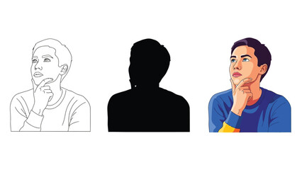 Fototapeta premium Set of three illustrations showing a young man in contemplation with different styles including outline silhouette and full color vector art