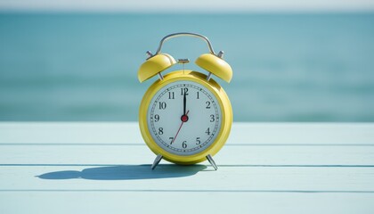 Yellow alarm clock on a wooden table by a blurred blue sea, symbolizing deadlines, time running out for taxes or vacation ending, urgent reminder and planning against a calm coastal backdrop