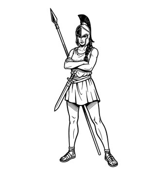 Determined female warrior in an ancient helmet with crossed arms holding a spear and sword confident pose