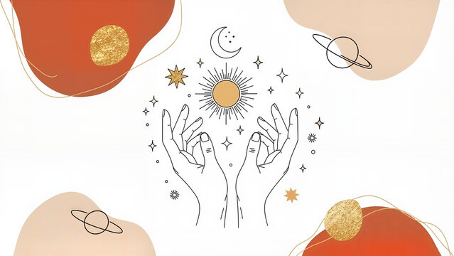 Mystical astrology hands holding sun and moon with celestial elements.