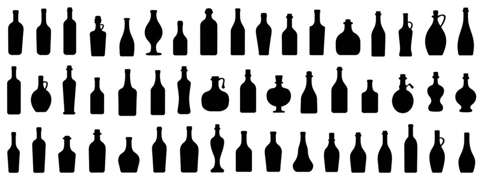 A black and white illustration of 40 different wine and liquor bottle silhouettes arranged in three rows against a white background