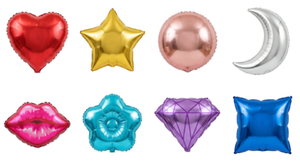 Metallic balloon set including heart, star, round, moon, lips, flower, diamond, and square shapes isolated. Party and celebration decoration collection.