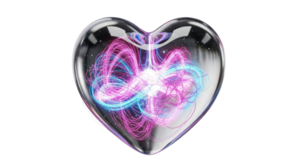 A futuristic transparent heart filled with vibrant pink and blue swirling energy lines
