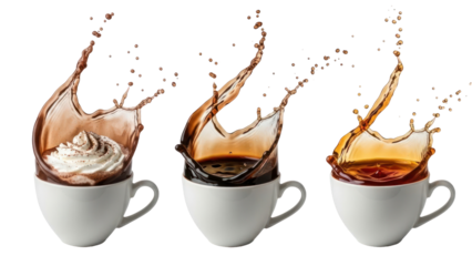 Dynamic splash of three warm beverages: hot chocolate, coffee, and tea in white cups