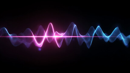 Fototapeta premium Abstract sound wave visualization with vibrant pink and blue hues against a black background, creating a dynamic effect.
