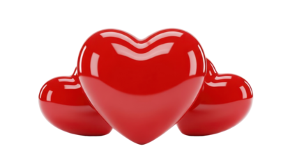 Three glossy red hearts embodying love and romance with a polished finish against a dark backdrop