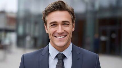 Fototapeta premium A confident and smiling businessman in a suit stands professionally outdoors in front of a modern corporate building
