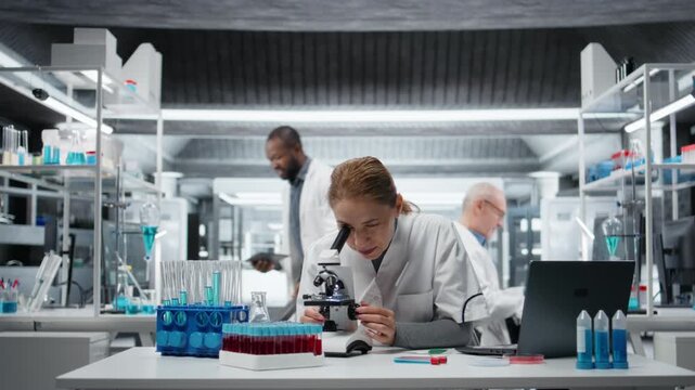 Clinical microbiologist using compound microscope for detailed cellular analysis research. Female cytotechnologist doing tissue sample examination inside modern laboratory facility, camera A