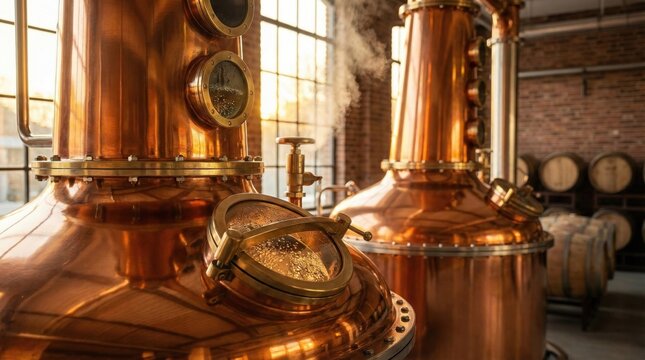 Copper distillery tanks in a modern craft distillery,steam rising inside distillation equipment for alcohol production,industrial beverage manufacturing background