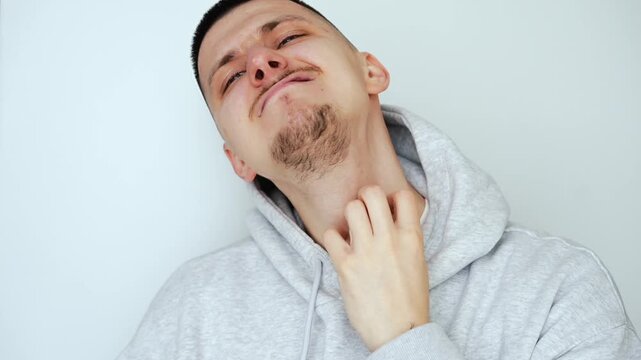 A man with allergies has itchy skin.
Skin inflammation and redness due to a rash on his face.
Acne and rash on his face.
Dry skin