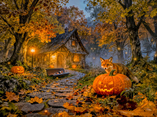 Halloween Forest Cottage with Fox