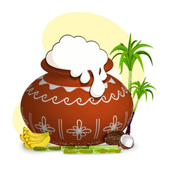 Traditional Pongal Pot with Overflowing Rice, Sugarcane, Banana, and Coconut Vector Illustration