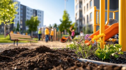 Team of corporate employees collaborating with locals on playground restoration with vibrant community vibe and greenery