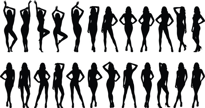 Set of fashion model silhouettes, beautiful woman posing in various elegant and stylish stances, girl silhouette collection for beauty and glamour vector illustration isolated
