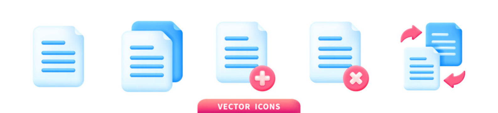 3D Document and File Icon Set for UI App and Web Design Flat vector illustration. File icons with copy, add, delete and sync actions.