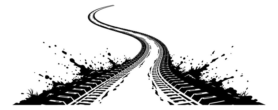 Curving tire tracks with mud splatters receding into the distance black and white vector illustration
