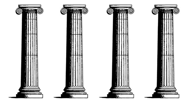 Four detailed Ionic architectural columns in black and white line art vector style illustration