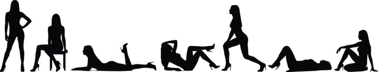Set of elegant female model silhouettes in various poses, woman sitting lying and standing, fashion girl vector illustration isolated on white background.