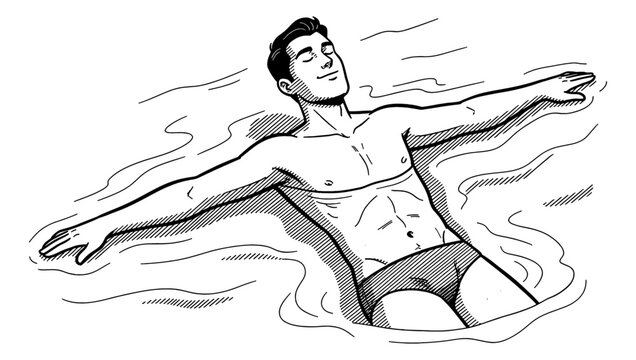 Man floating on his back in water with eyes closed and a peaceful smile an illustrative black and white drawing