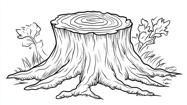 Black Outline Cartoon Illustration of a Detailed Old Tree Stump on a Simple, Clean White Background