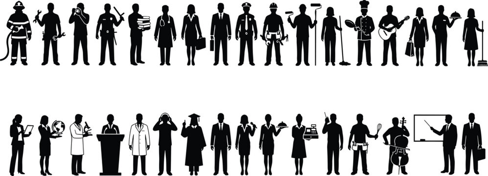 Large set of professional worker silhouettes with various occupations including doctor, engineer, chef, and teacher, career icons isolated on white background for vector design