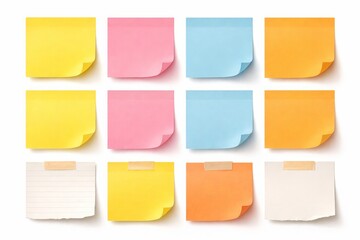 Set of colorful square sticky notes arranged in a clean grid, 3D semi-realistic style, smooth paper texture, slightly curled edges, bright yellow, pink, blue, and orange tones, soft drop shadows