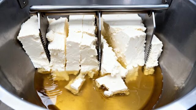 Industrial knives methodically slice dense curd in an open vat for creamy cottage cheese emphasizing the chunk formation and whey separation process.