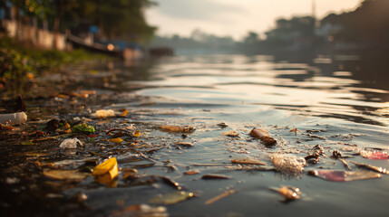 Fototapeta premium Close-up of polluted water surface with various debris, highlighting environmental challenges and the need for conservation.
